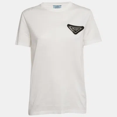 Pre-owned Prada White Triangle Rubber Logo Applique Cotton T-shirt Xs