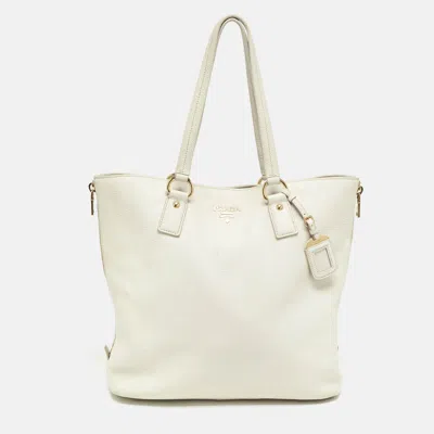 Pre-owned Prada White Vitello Daino Leather Side Zip Tote