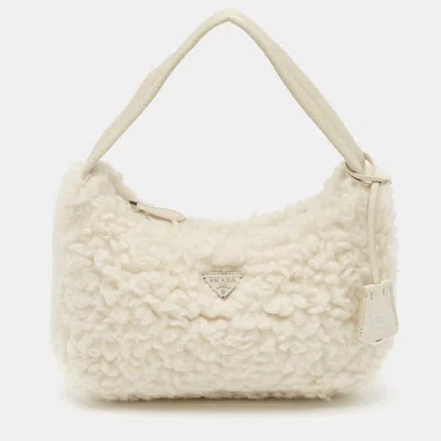 Pre-owned Prada White Wool Re-edition 2000 Shoulder Bag