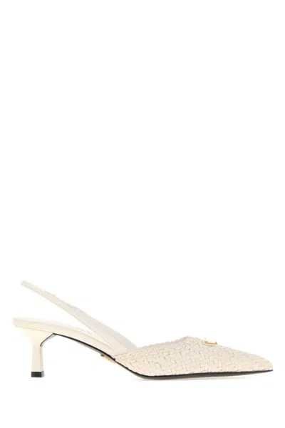 Prada 55mm Triangle Logo Woven Leather Slingback Pumps In White