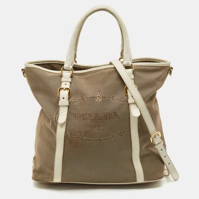 Pre-owned Prada White/beige Logo Jacquard Canvas And Leather Tote