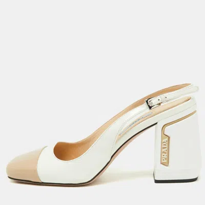 Pre-owned Prada White/beige Patent Leather Block Heel Slingback Pumps Size 38