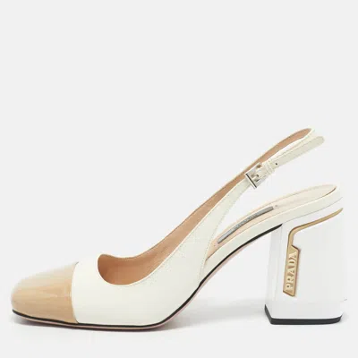 Pre-owned Prada White/beige Patent Leather Block Heel Slingback Pumps Size 39.5