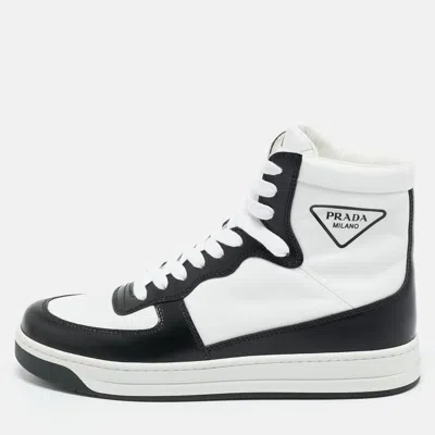Pre-owned Prada White/black Leather And Nylon New Avenue High Top Sneakers Size 37.5