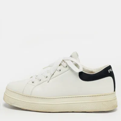 Pre-owned Prada White/black Leather Lace Up Low Top Sneakers Size 38.5