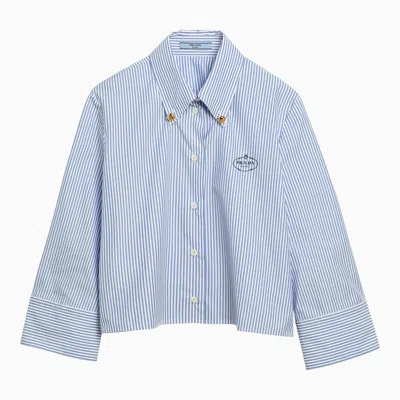 Prada White/blue Striped Cropped Button-down Shirt With Logo Women