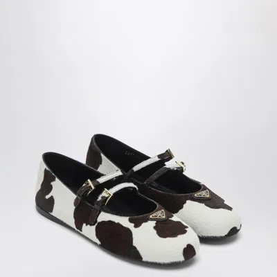 Prada White/dark Brown Ballerinas With Animal Print In Black