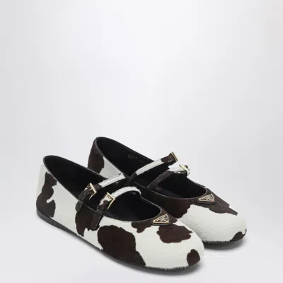 Prada White/dark Brown Ballerinas With Animal Print Women