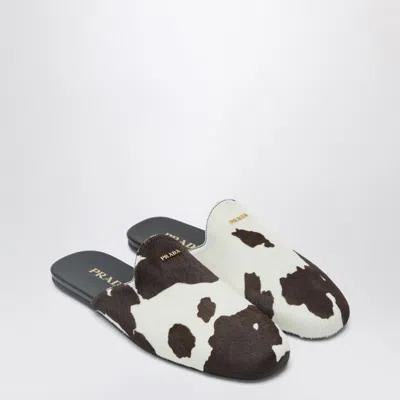 Prada White/dark Brown Mules With Animal Print Women