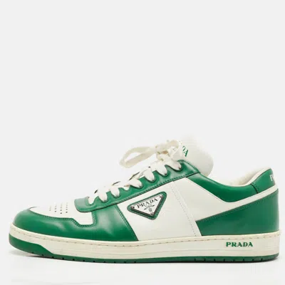 Pre-owned Prada White/green Leather Downtown Low Top Sneakers Size 45