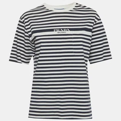 Pre-owned Prada White/navy Blue Striped Logo Print Cotton Knit T-shirt Xs