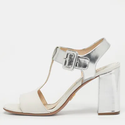 Pre-owned Prada White/silver Leather Block Heel Ankle Strap Sandals Size 38