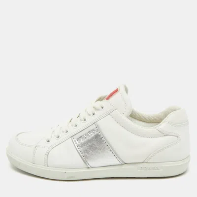 Pre-owned Prada White/silver Leather Low Top Sneakers Size 38