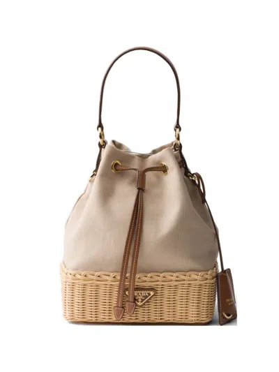 Prada Wicker And Canvas Bucket Bag In Neutral