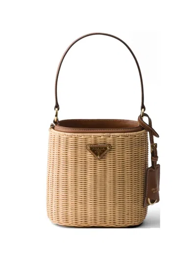 Prada Wicker And Leather Bucket Bag In Neutral