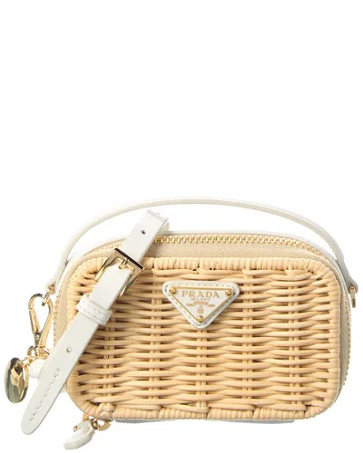 Prada Wicker & Leather Mini Pouch In Brown