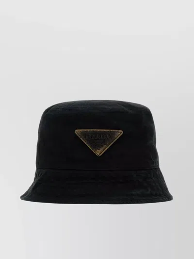 Prada Wide Brim Cotton Bucket Hat In Black