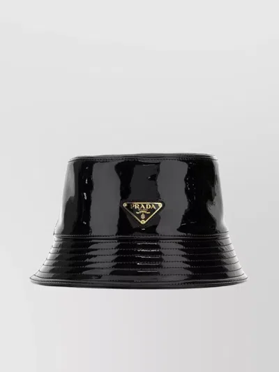 Prada Wide Brim Leather Bucket Hat In Black