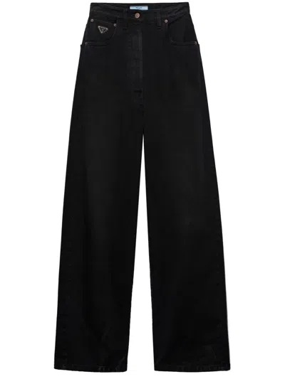 Prada High-waisted Wide-leg Jeans With Design In Black