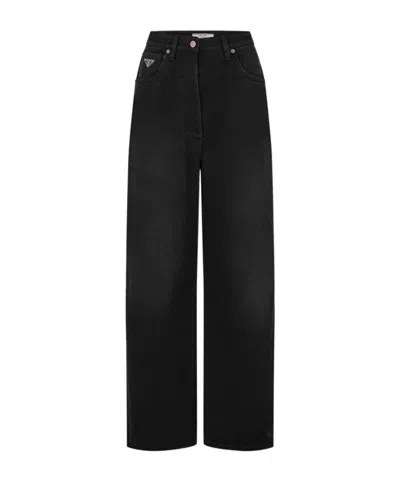 Prada Logo-patch Wide Leg Jeans In Black