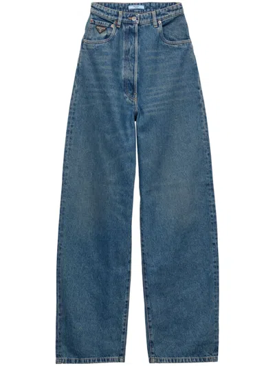 Prada Triangle Logo Wide-leg Jeans In Blue