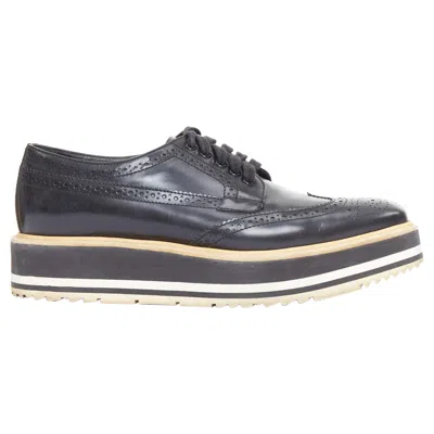 Pre-owned Prada Wingtip Black White Beige Platform Brogue Oxfords Eu37.5