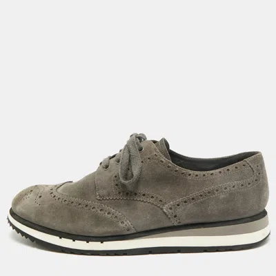 Pre-owned Prada Wingtip Size 46 Grey Suede Lace Up Sneakers