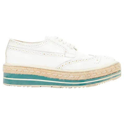 Pre-owned Prada Wingtip White Green Leather Espadrille Wedged Brogue Oxfords Eu35.5