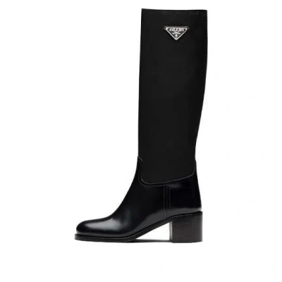 Prada (wmns)  Black Brushed Leather And Re-nylon Knee Boots 'black'
