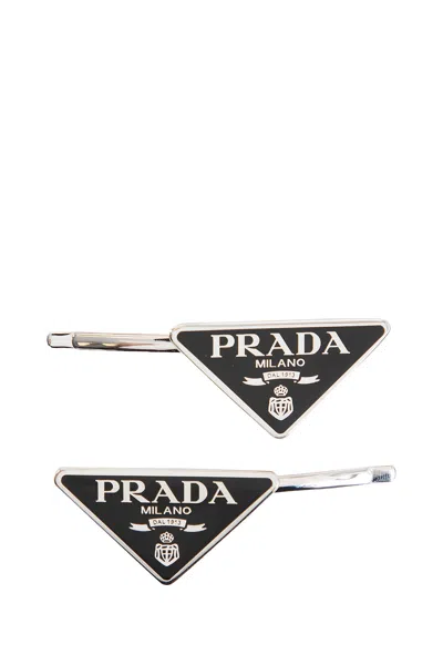Prada Womens Black Logo-plaque Silver-toned Metal Hair Clips Set Of Two