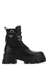 PRADA PRADA WOMAN BLACK LEATHER AND RE-NYLON MONOLITH ANKLE BOOTS