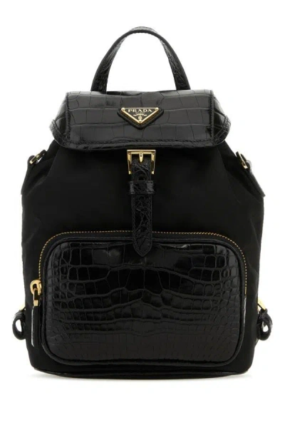 Prada Woman Black Re-nylon And Leather Backpack