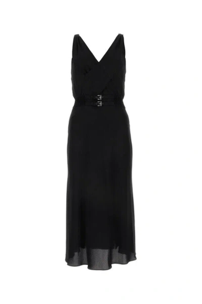 Prada Stretch Viscose Dress Belted Waist Midi In Black