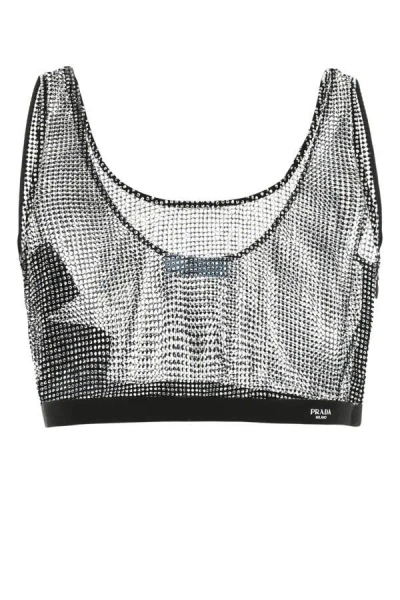 Prada Rhinestone-embellished Mesh Crop Top In Grey