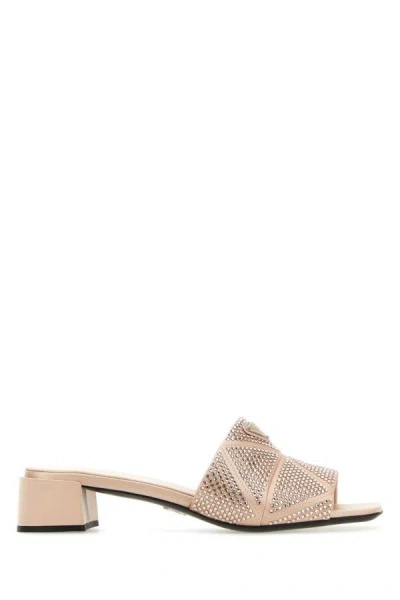 Prada Crystal Satin Mules In Beige