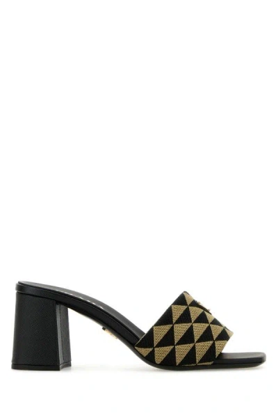 Prada Embroidered Fabric Sandals In Black