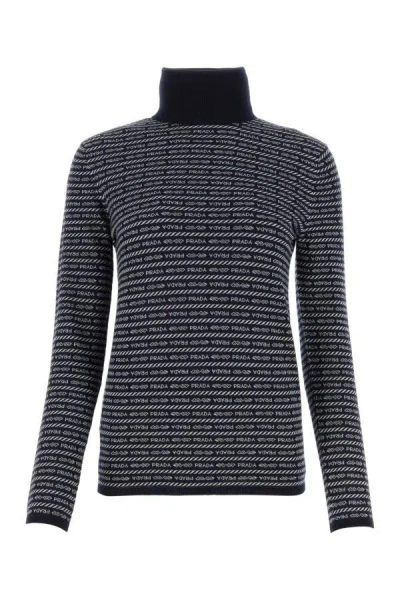 Prada Superfine Wool Turtleneck Sweater With Intarsia Logo In Multi