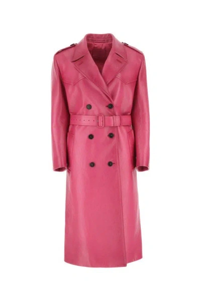 Prada Woman Fuchsia Leather Coat In Pink