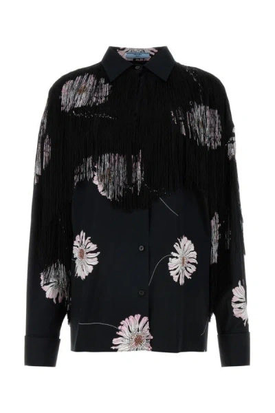 Prada Bedrucktes Hemd Aus Popeline Mit Fransen In Black Multi