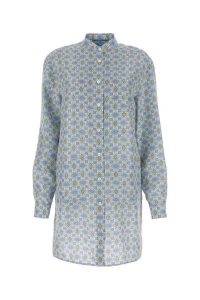 Prada Allover Printed Shirt Dress In Cyan