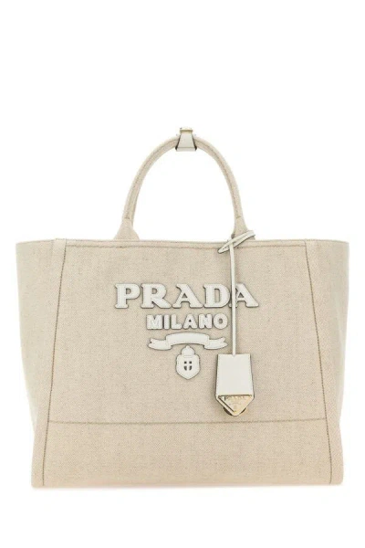 Prada Woman Sand Canvas Shopping Bag In Brown