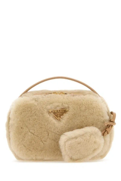 Prada Women Sand Shearling Crossbody Bag In Brown