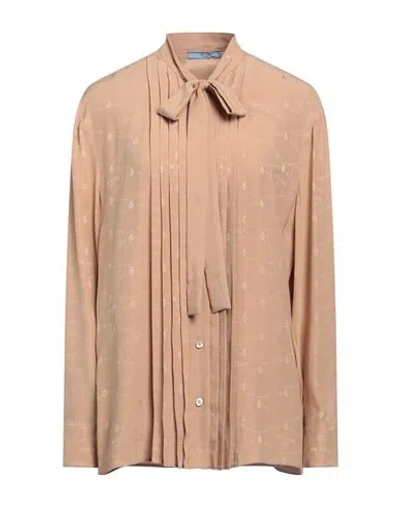 Prada Woman Shirt Camel Size 8 Silk In Beige