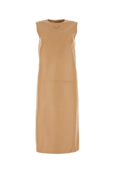 Prada Triangle-logo Leather Shift Dress In Beige