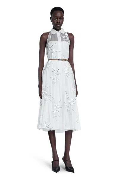 Prada Floral Embroidered Silk Midi Dress In White