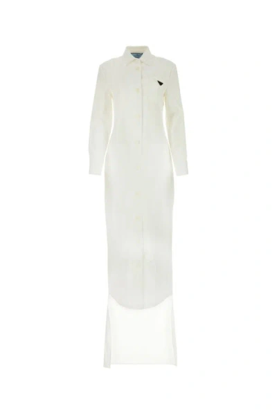 Prada Long Gabardine Dress In White