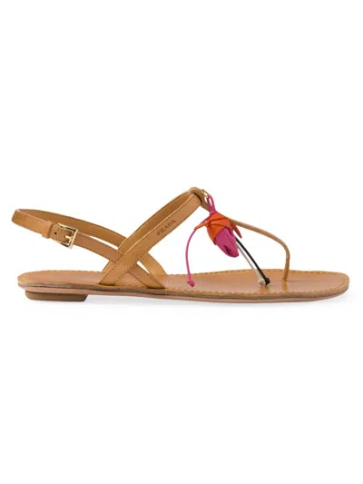 Prada Antiqued Leather Thong Sandals With Floral Ornament In Brown