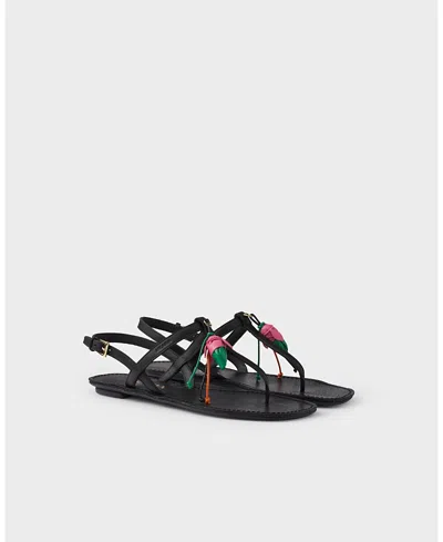 Prada Women's Antiqued Leather Thong Sandals With Floral Ornament In Black