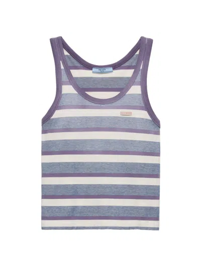 Prada Embroidered Cotton Tank Top In Blue
