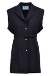 Prada Waist Belted Notched Lapel Sleeveless Knitwear In Blue